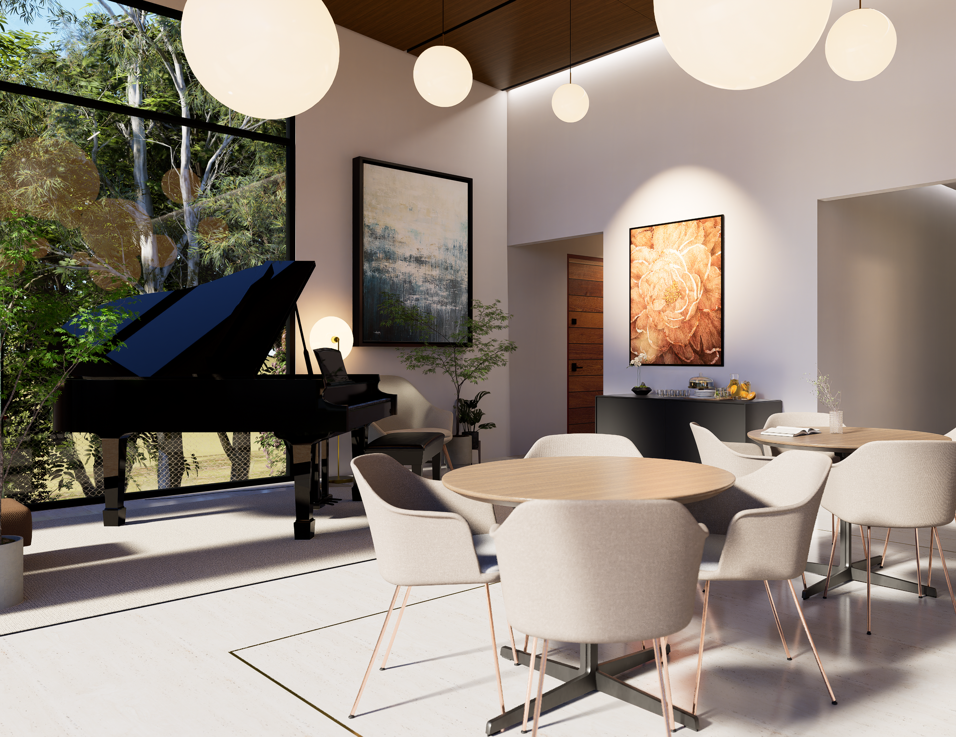 Sala social con piano de cola y mesas para compartir