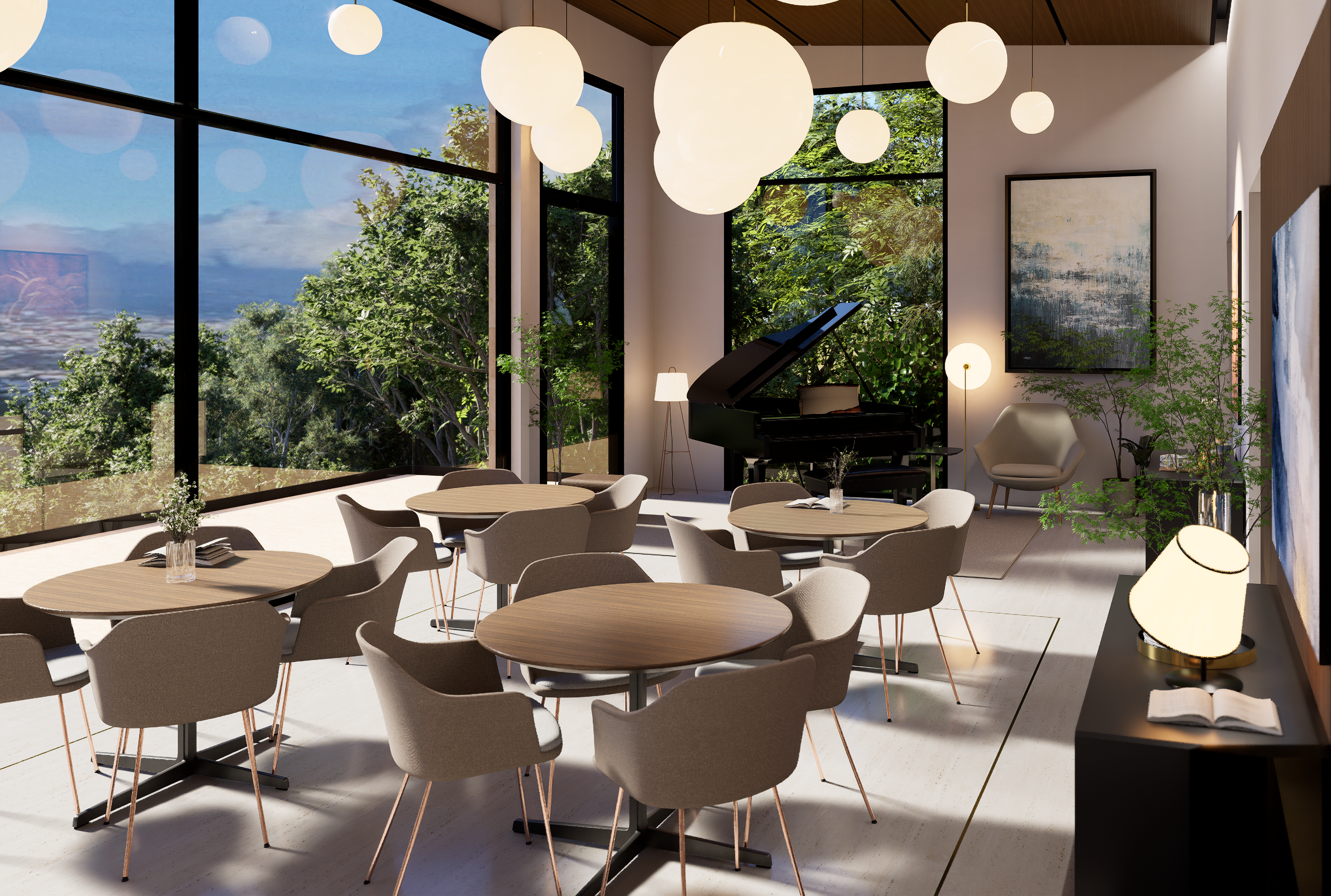 Comedor con luz de la mañana y vista a los árboles