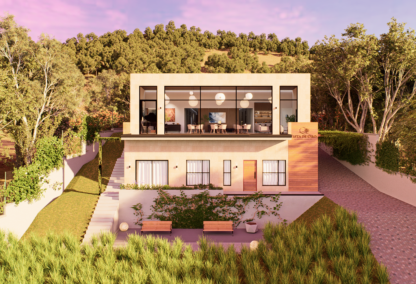 Residencia Vista de Oro al atardecer, rodeada de vegetación