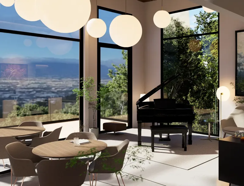 Sala social con piano de cola y ventanales con vista al Valle Central